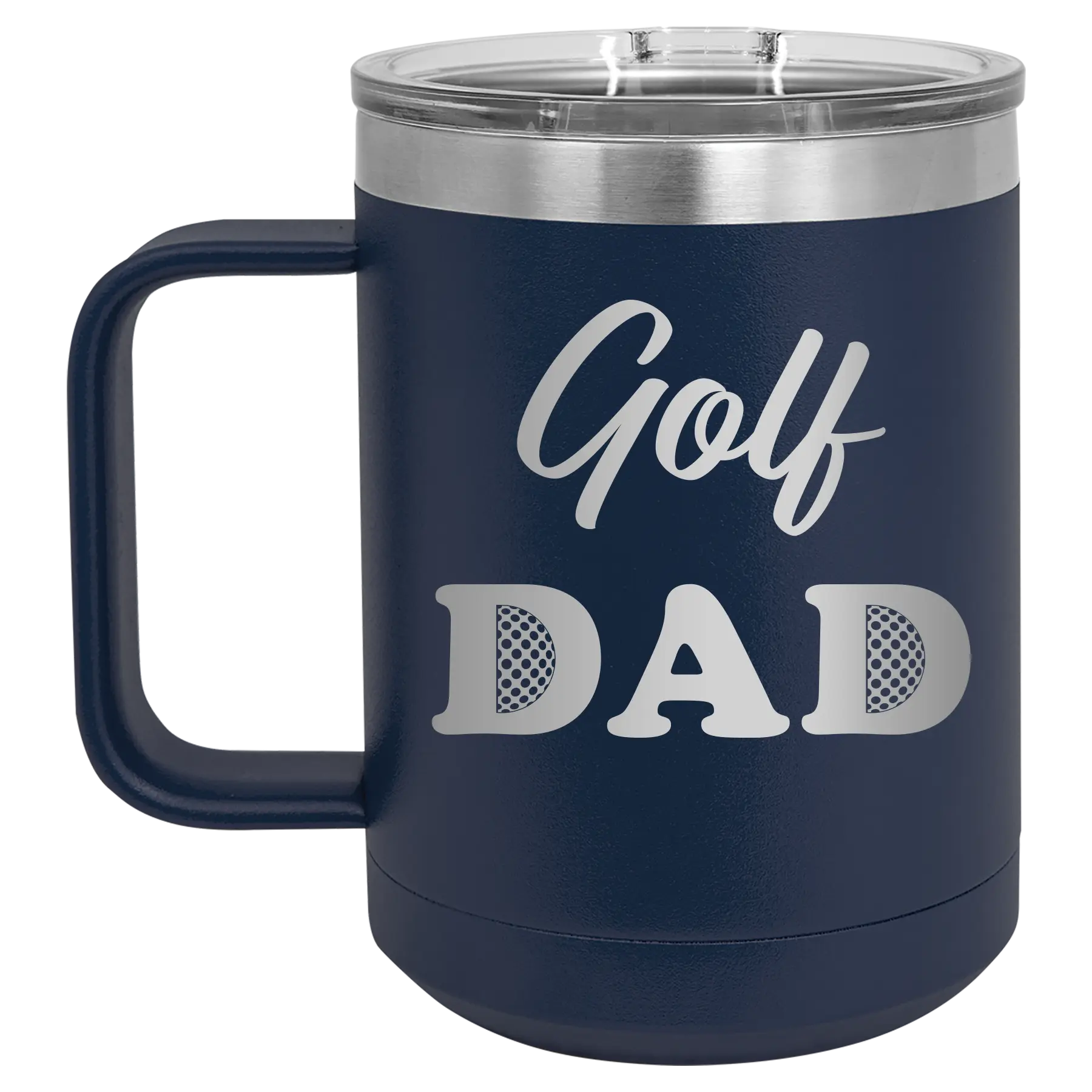 Laser etched navy 15 oz vacuum insulated coffee mug with 'Golf Dad2' design