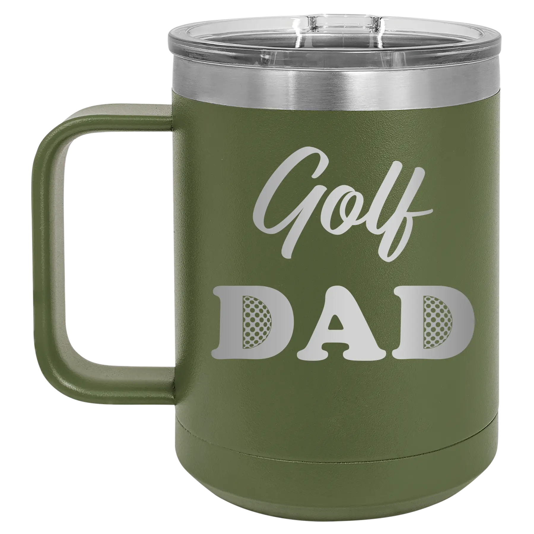 Laser etched olive green 15 oz vacuum insulated coffee mug with 'Golf Dad2' design