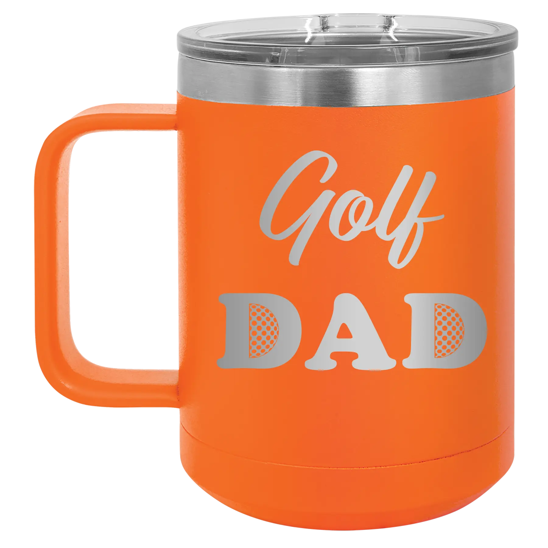 Laser etched orange 15 oz vacuum insulated coffee mug with 'Golf Dad2' design