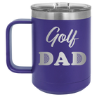 Laser etched purple 15 oz vacuum insulated coffee mug with 'Golf Dad2' design