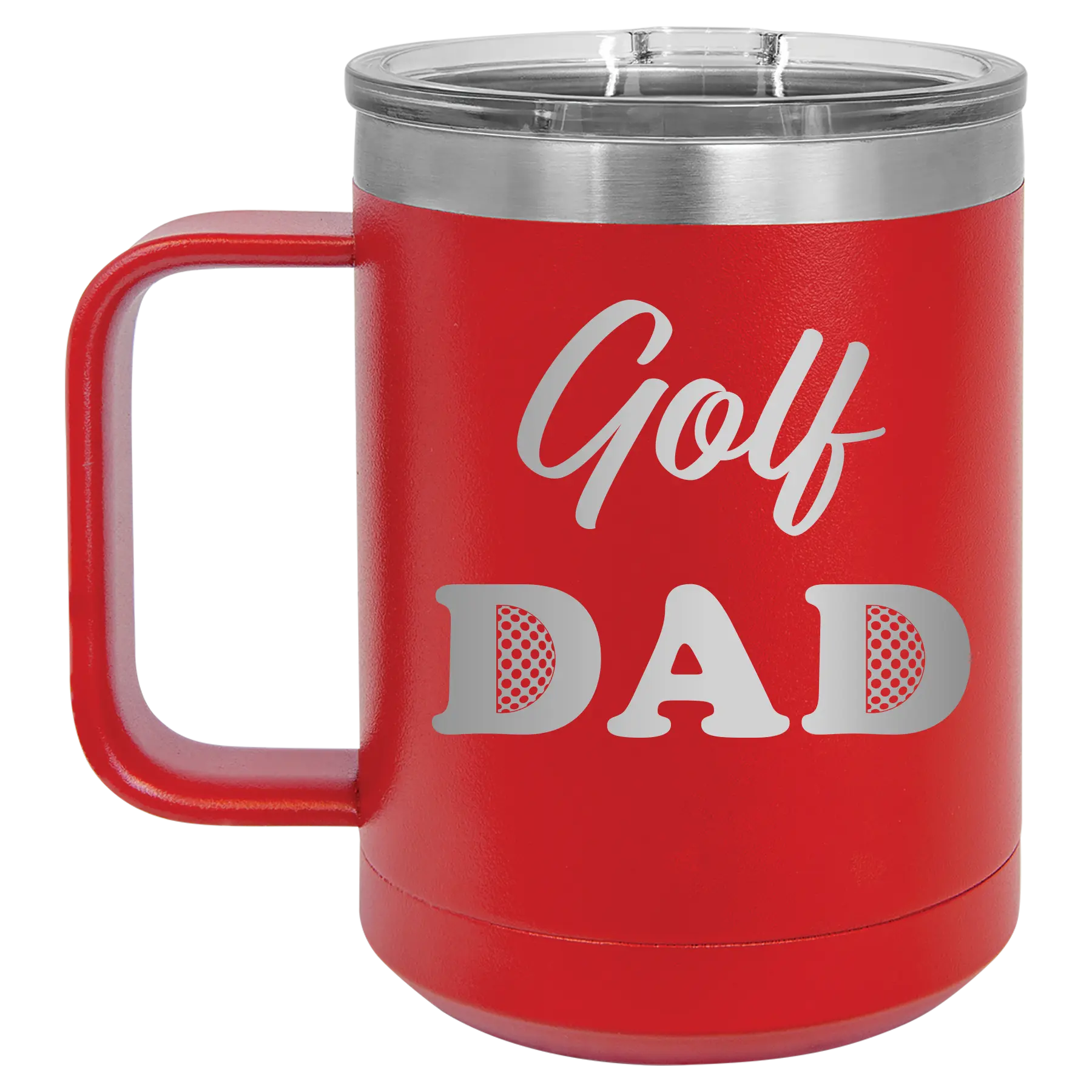 Laser etched red 15 oz vacuum insulated coffee mug with 'Golf Dad2' design