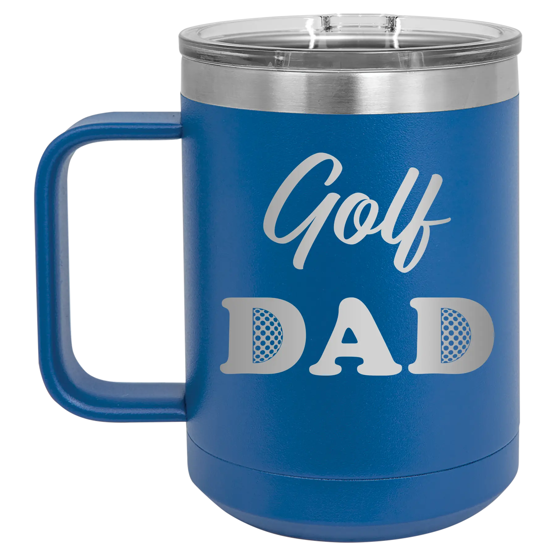 Laser etched royal blue 15 oz vacuum insulated coffee mug with 'Golf Dad2' design