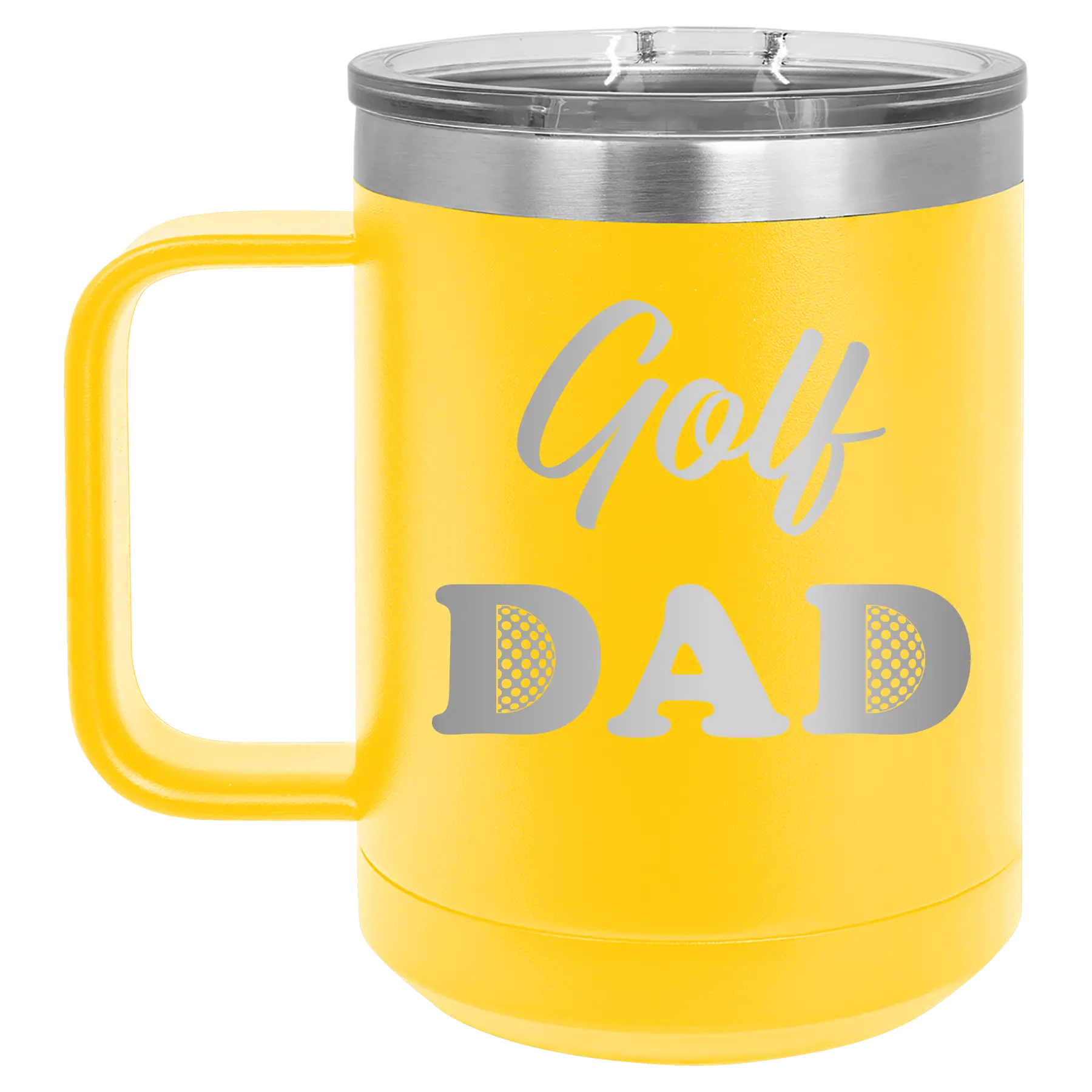 Laser etched yellow 15 oz vacuum insulated coffee mug with 'Golf Dad2' design