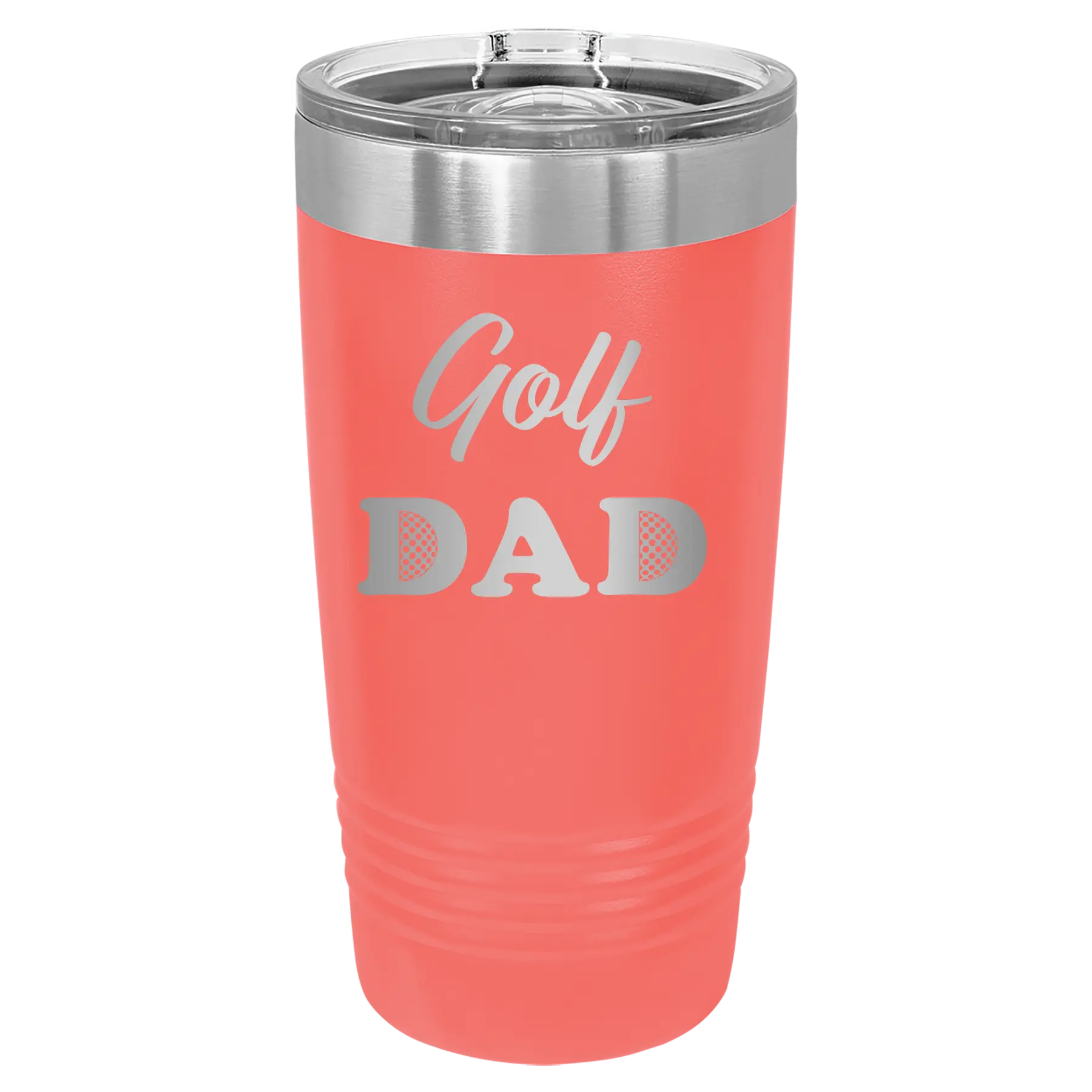 Laser etched coral 20 oz vacuum insulated tumbler with 'Golf Dad2' design