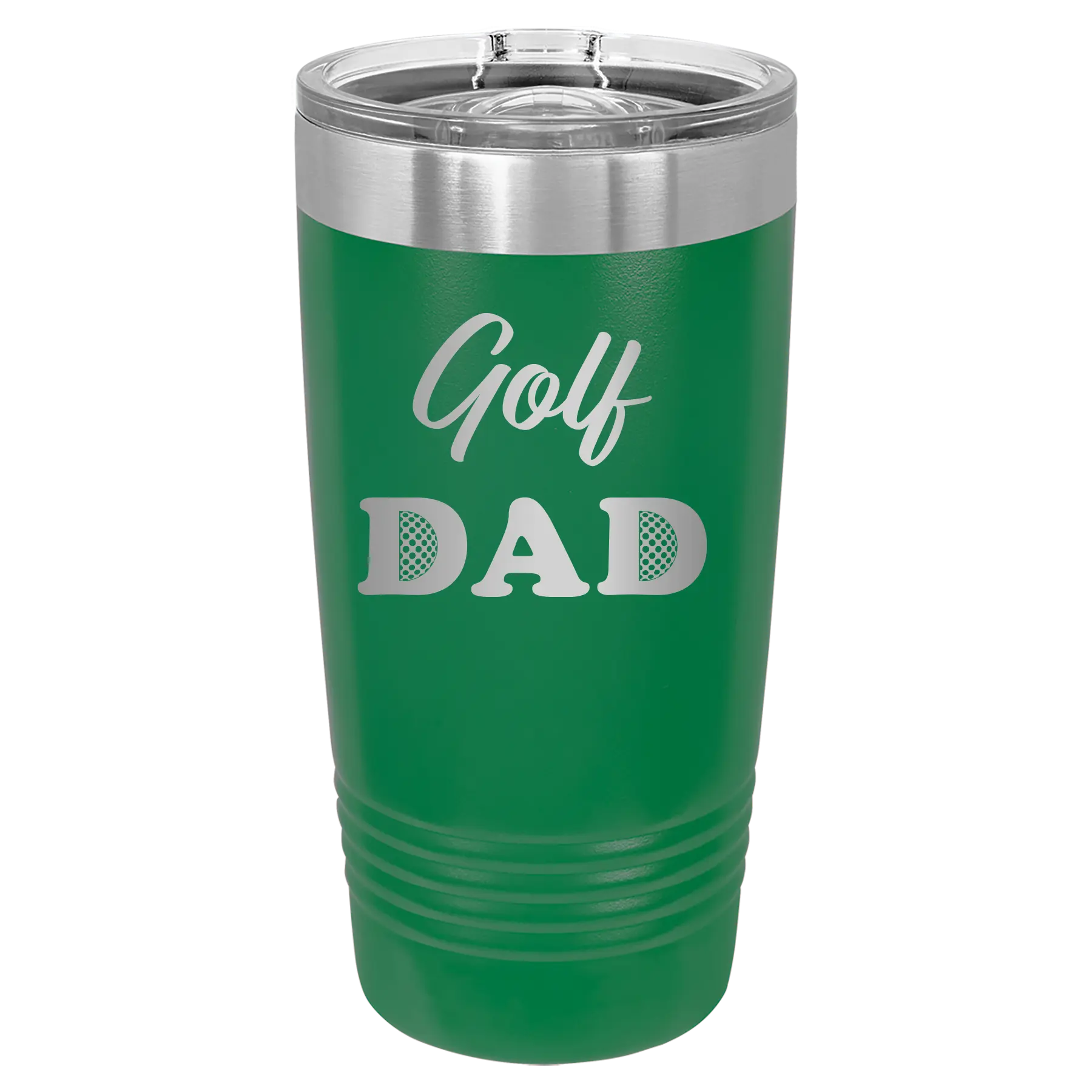 Laser etched green 20 oz vacuum insulated tumbler with 'Golf Dad2' design