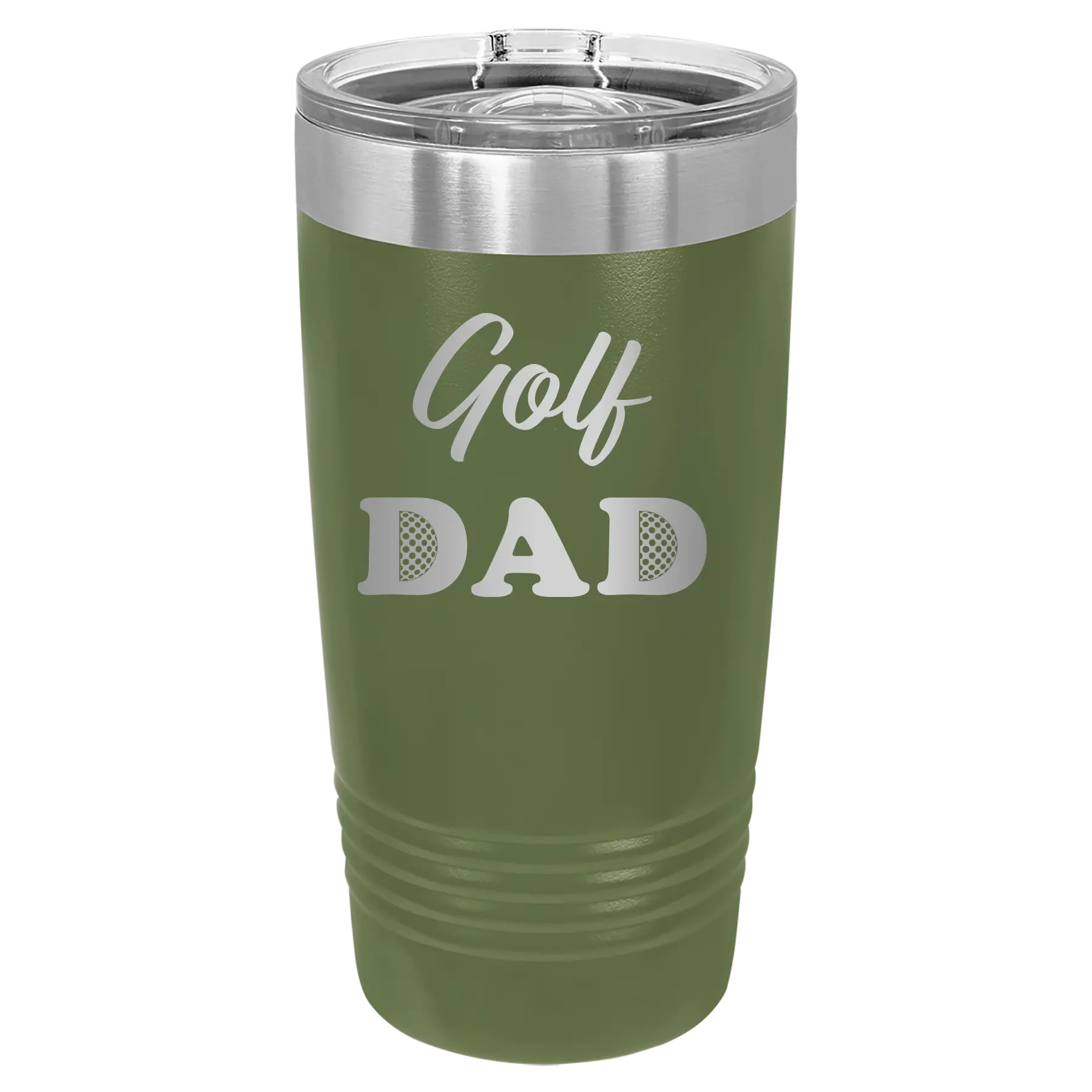 Laser etched olive green 20 oz vacuum insulated tumbler with 'Golf Dad2' design