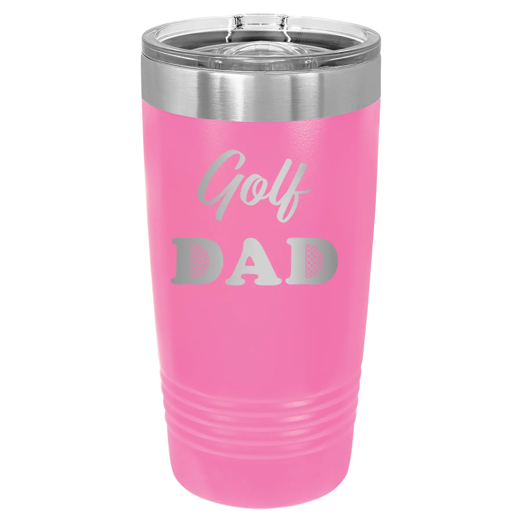 Laser etched pink 20 oz vacuum insulated tumbler with 'Golf Dad2' design