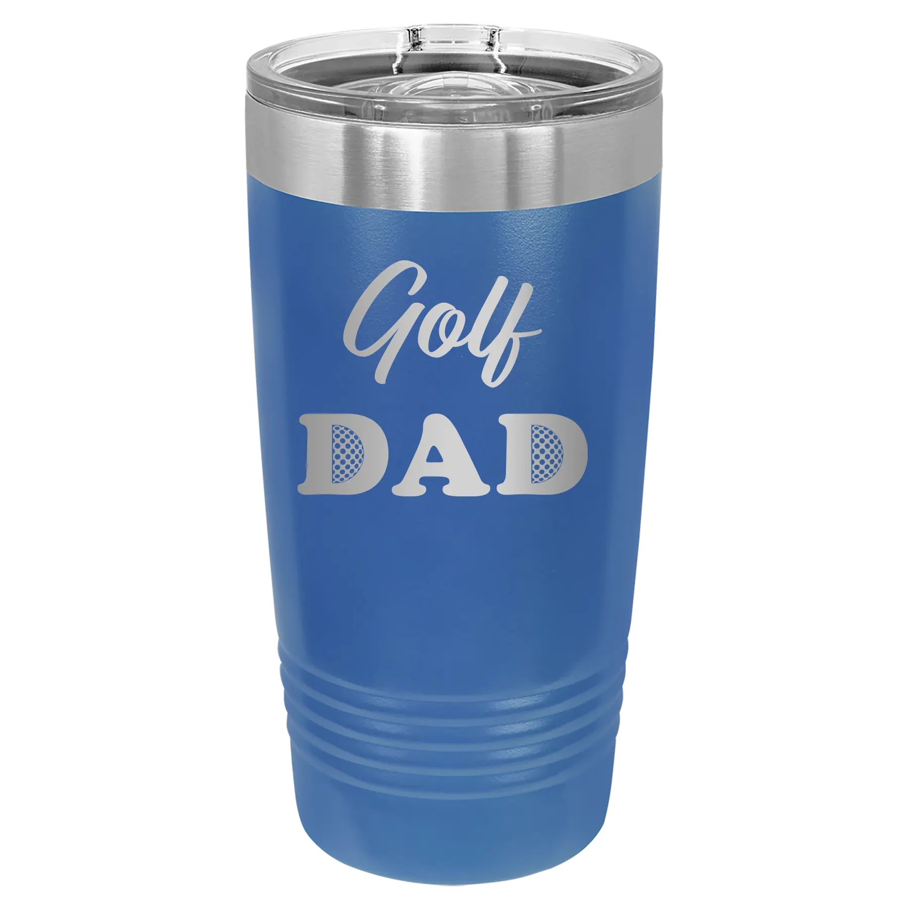 Laser etched royal blue 20 oz vacuum insulated tumbler with 'Golf Dad2' design