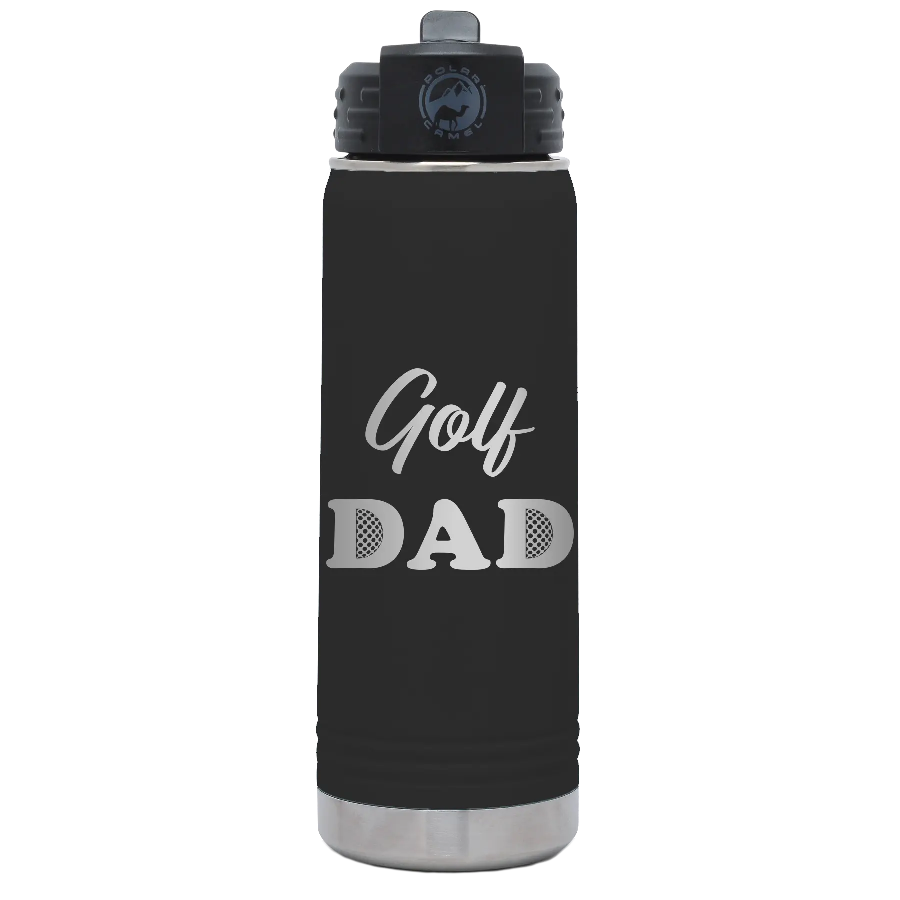 Laser etched black 20 oz vacuum insulated water bottle with 'Golf Dad2' design