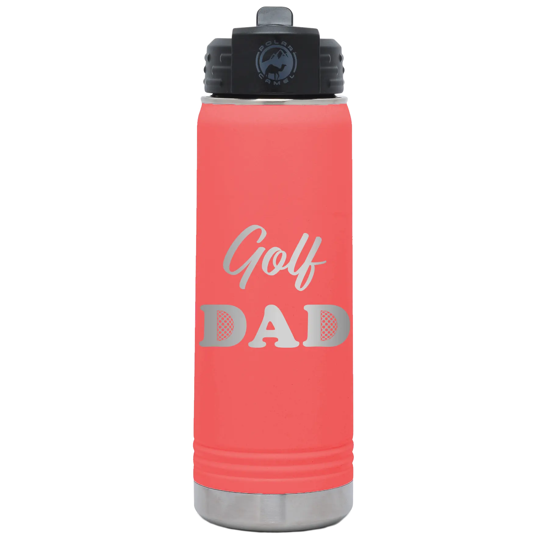 Laser etched coral 20 oz vacuum insulated water bottle with 'Golf Dad2' design