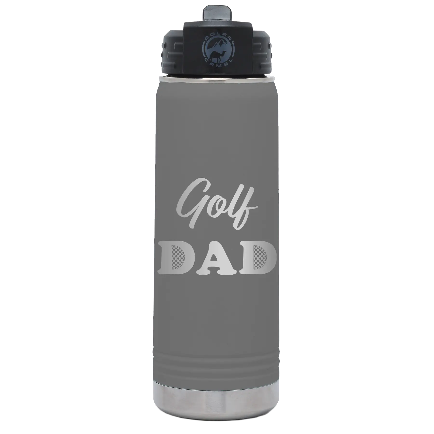 Laser etched dark gray 20 oz vacuum insulated water bottle with 'Golf Dad2' design