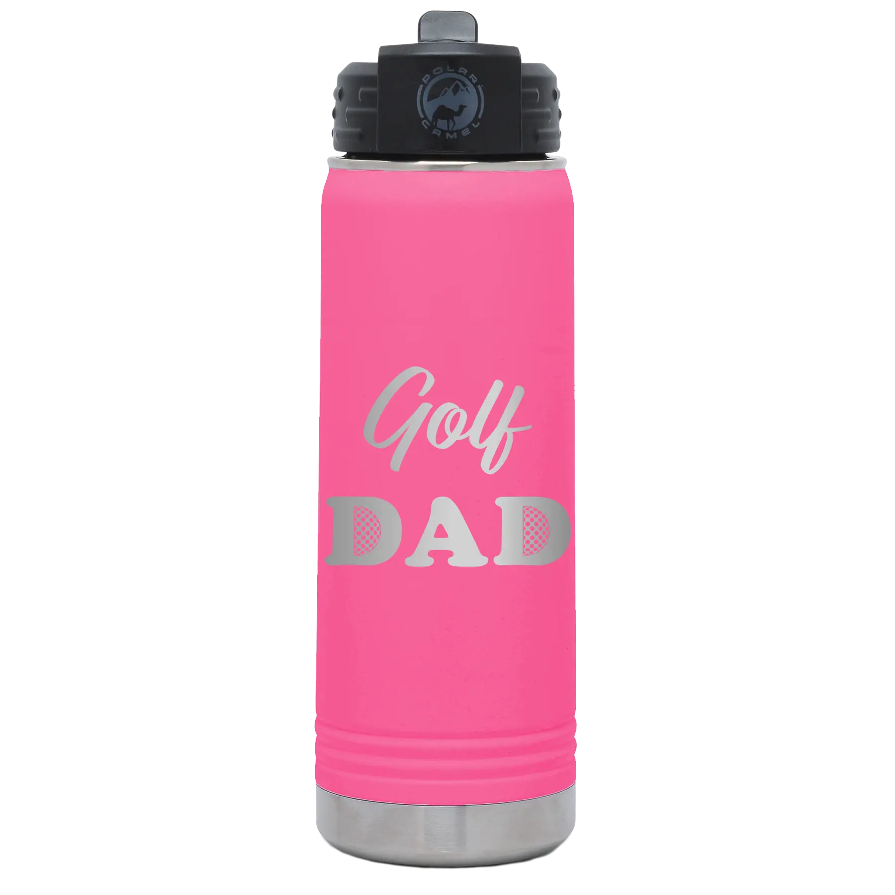 Laser etched pink 20 oz vacuum insulated water bottle with 'Golf Dad2' design