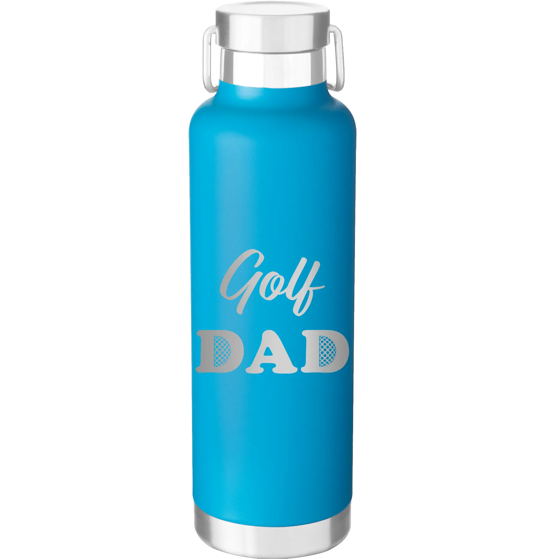 Laser etched aqua 24 oz vacuum insulated water bottle with 'Golf Dad2' design
