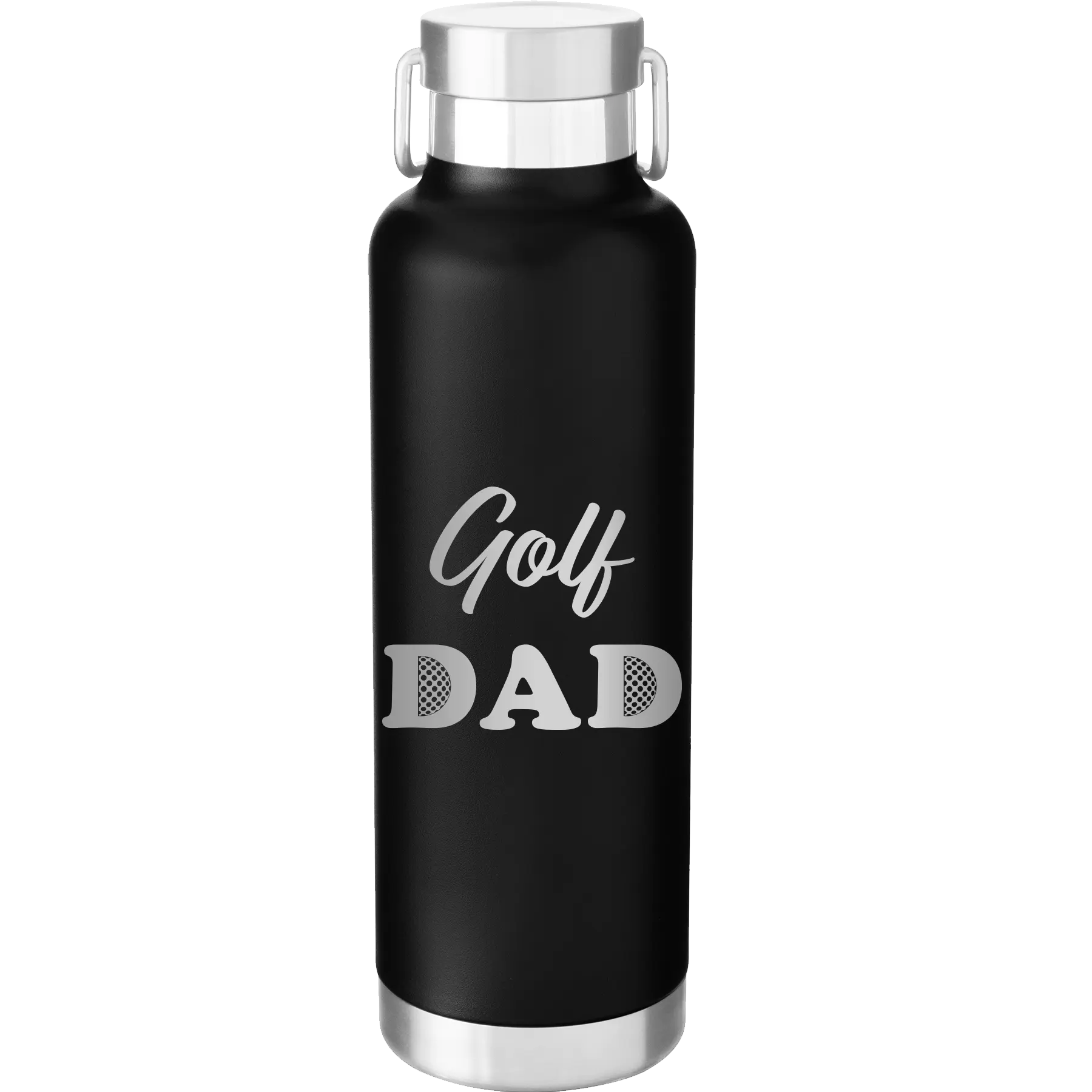 Laser etched black 24 oz vacuum insulated water bottle with 'Golf Dad2' design