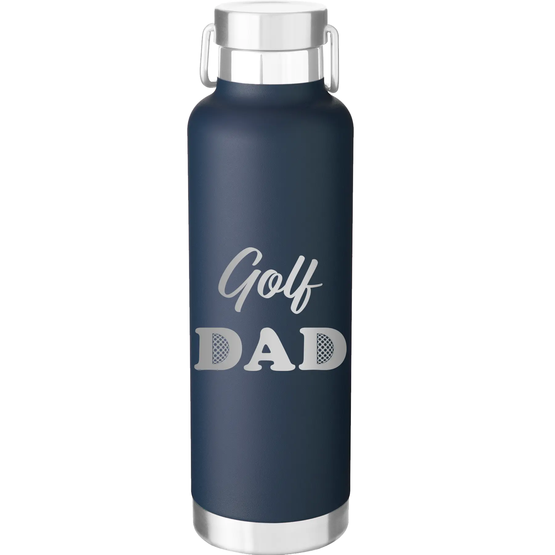 Laser etched navy 24 oz vacuum insulated water bottle with 'Golf Dad2' design