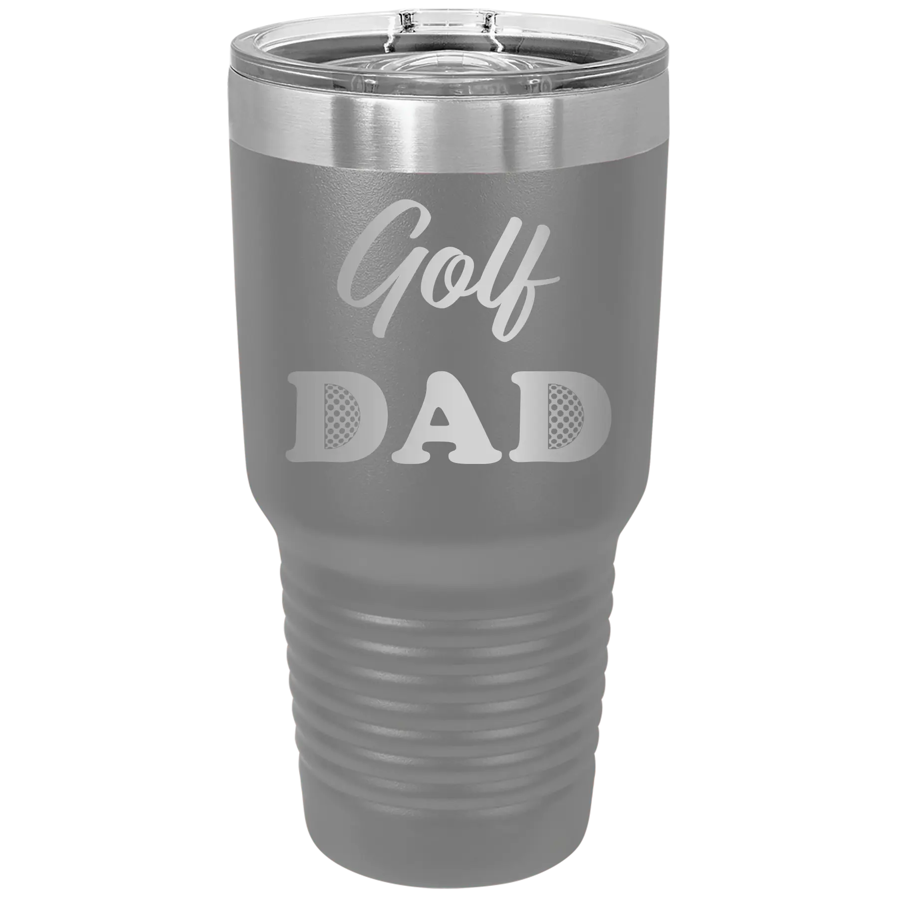 Laser etched dark gray 30 oz vacuum insulated tumbler with 'Golf Dad2' design