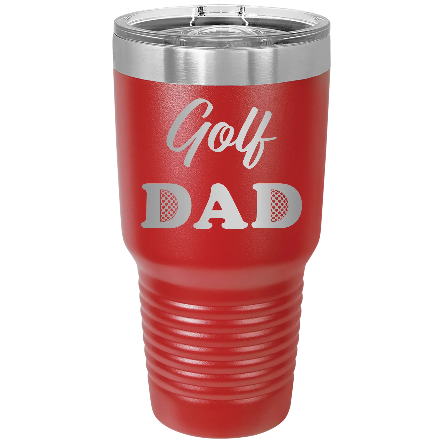 Laser etched red 30 oz vacuum insulated tumbler with 'Golf Dad2' design