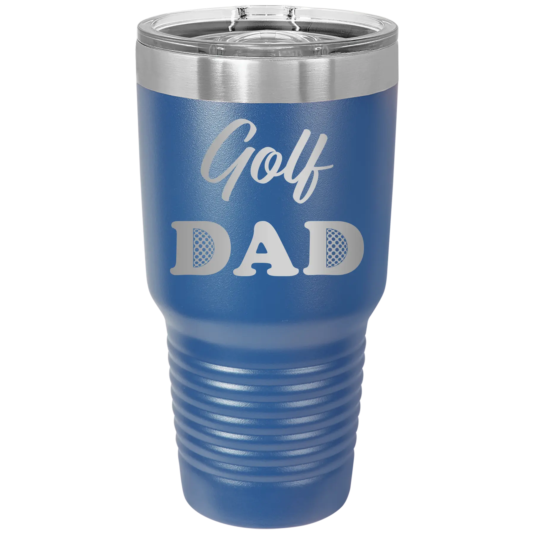 Laser etched royal blue 30 oz vacuum insulated tumbler with 'Golf Dad2' design