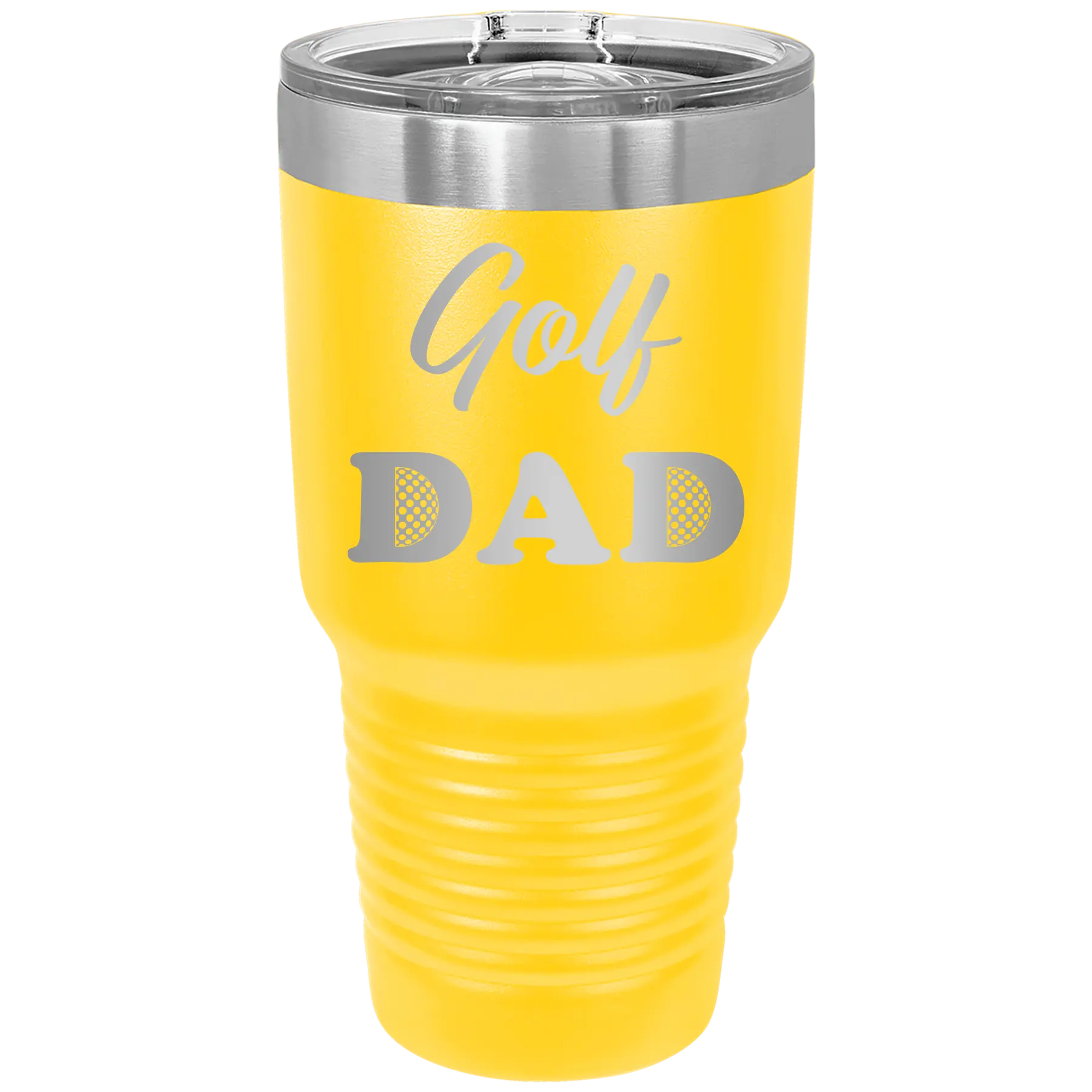 Laser etched yellow 30 oz vacuum insulated tumbler with 'Golf Dad2' design