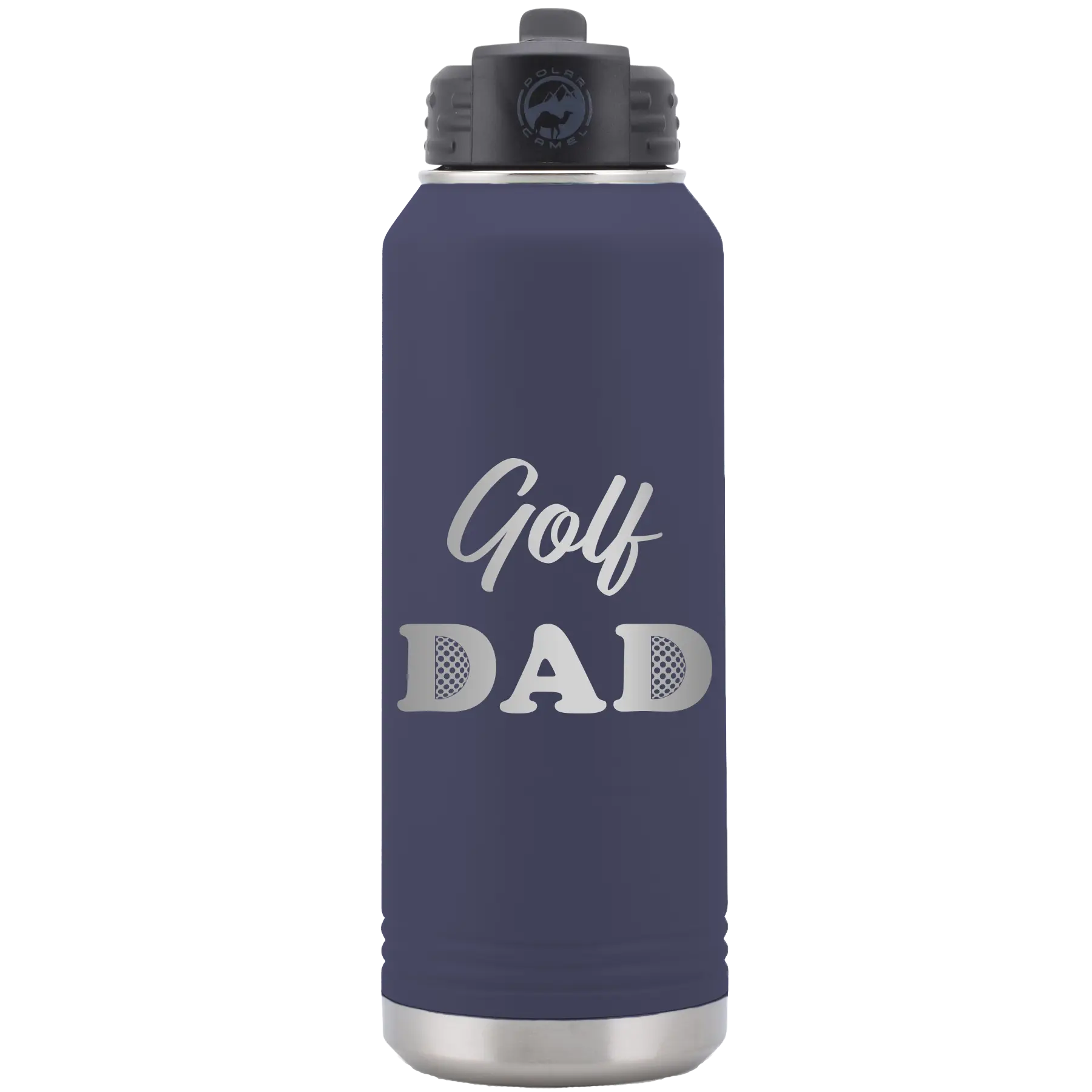 Laser etched navy 32 oz vacuum insulated water bottle with 'Golf Dad2' design
