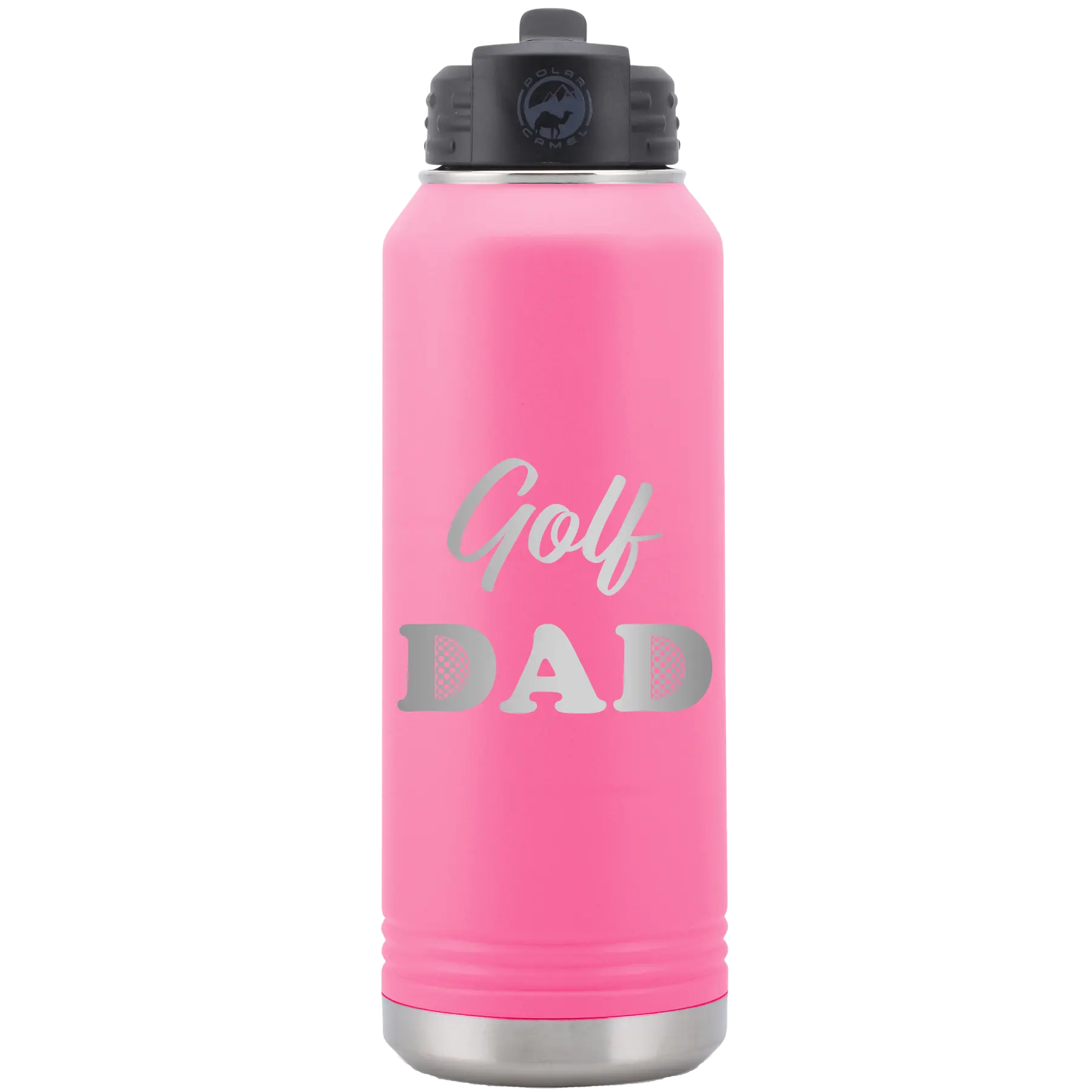 Laser etched pink 32 oz vacuum insulated water bottle with 'Golf Dad2' design