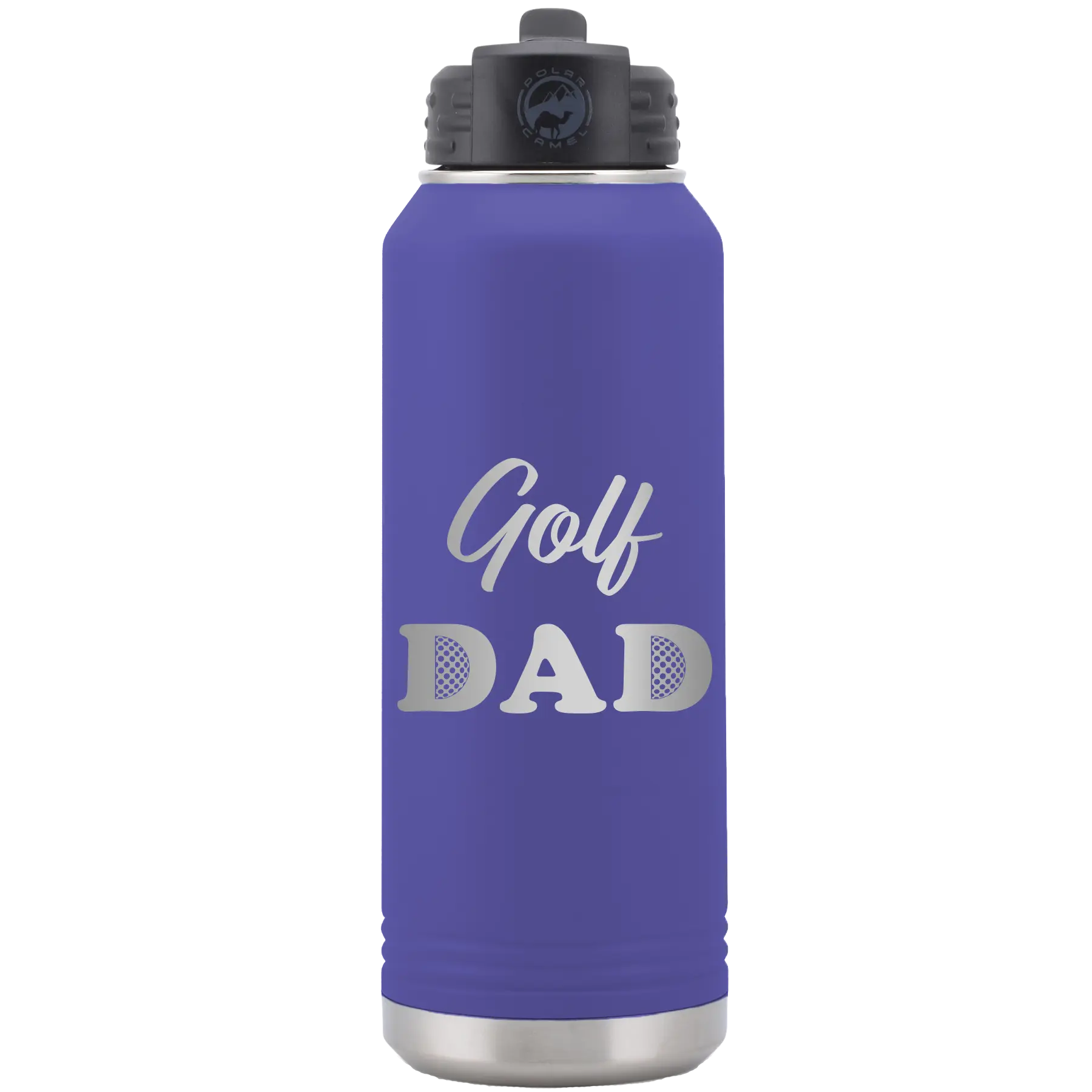 Laser etched purple 32 oz vacuum insulated water bottle with 'Golf Dad2' design