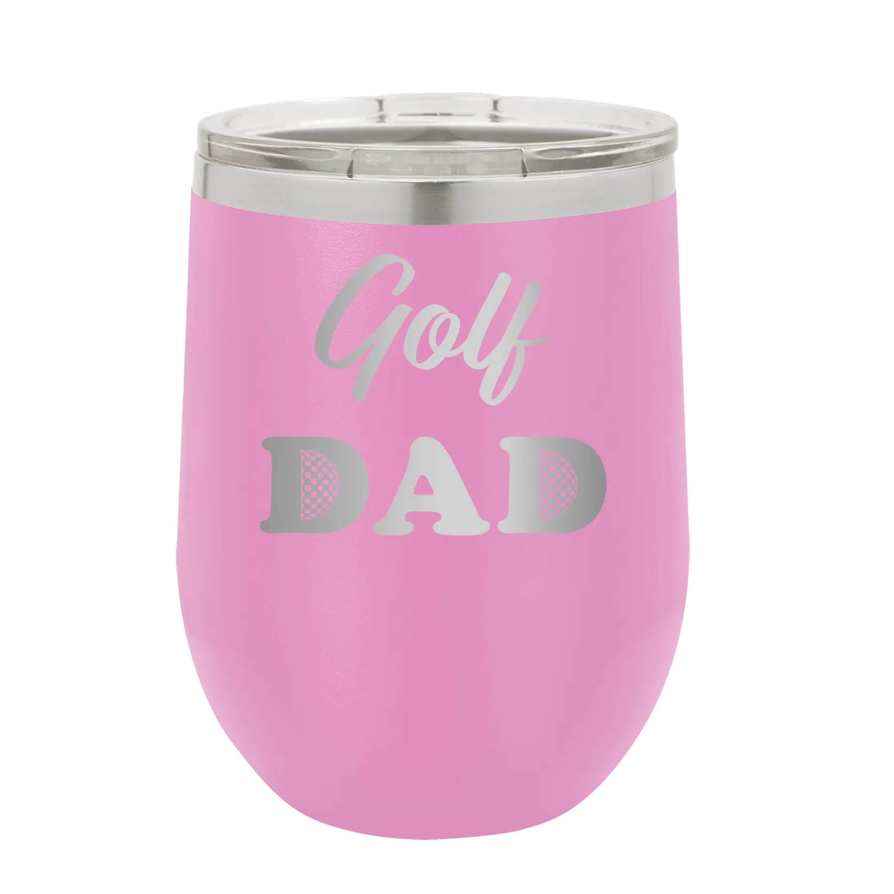 Laser etched light purple 12 oz vacuum insulated wine cup with 'Golf Dad2' design