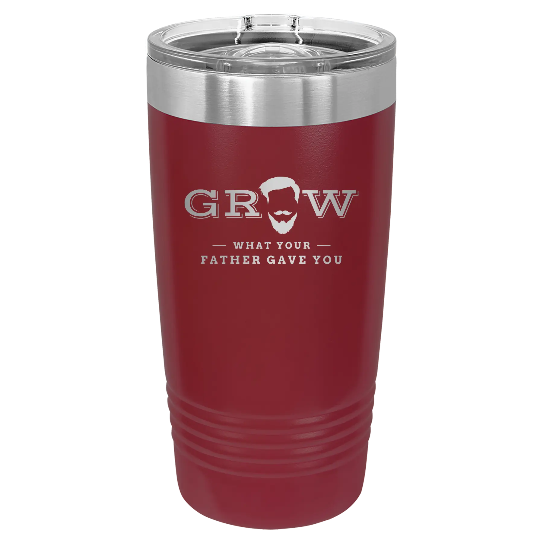 Laser etched maroon 20 oz vacuum insulated tumbler with 'Grow What Your Father Gave You' design