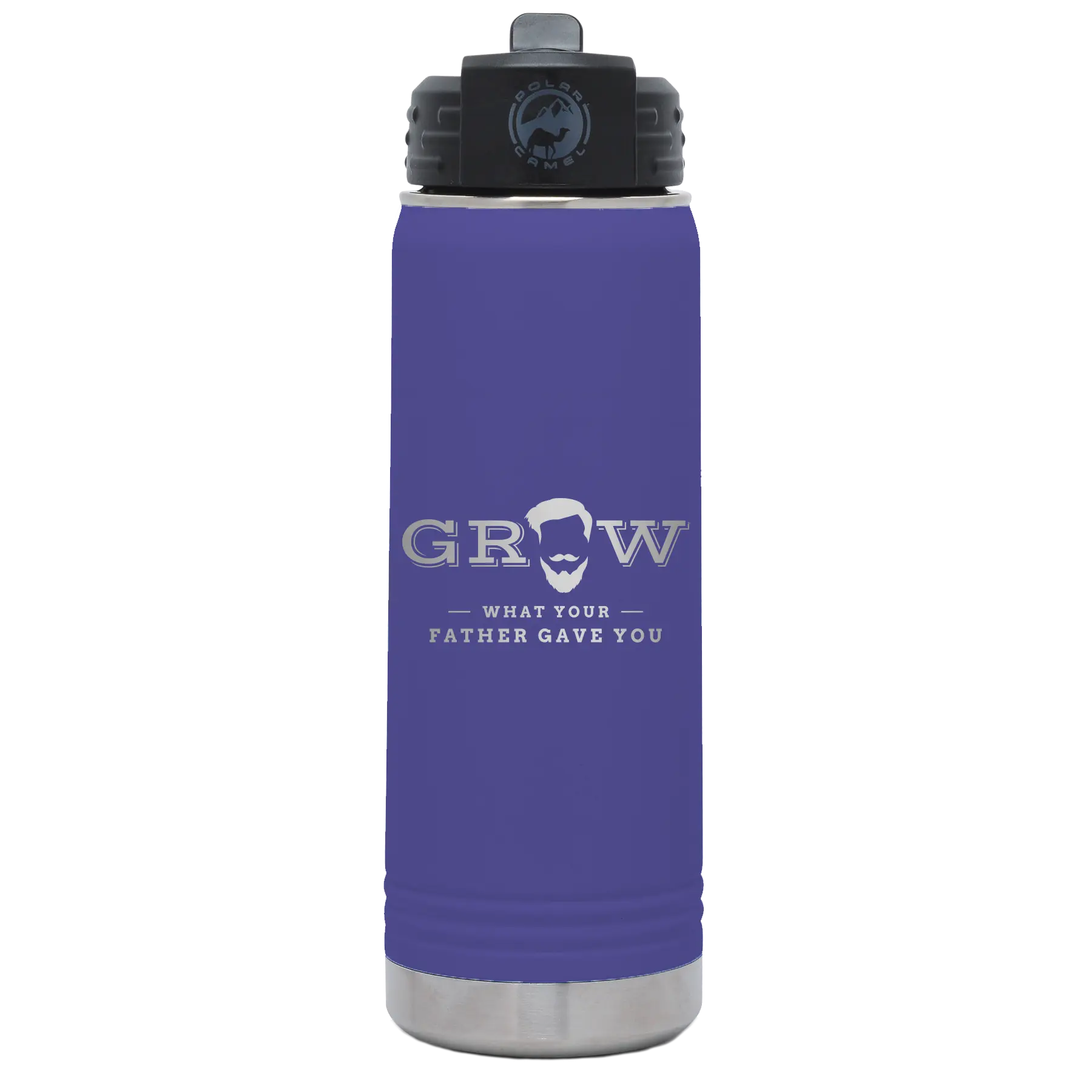Laser etched purple 20 oz vacuum insulated water bottle with 'Grow What Your Father Gave You' design