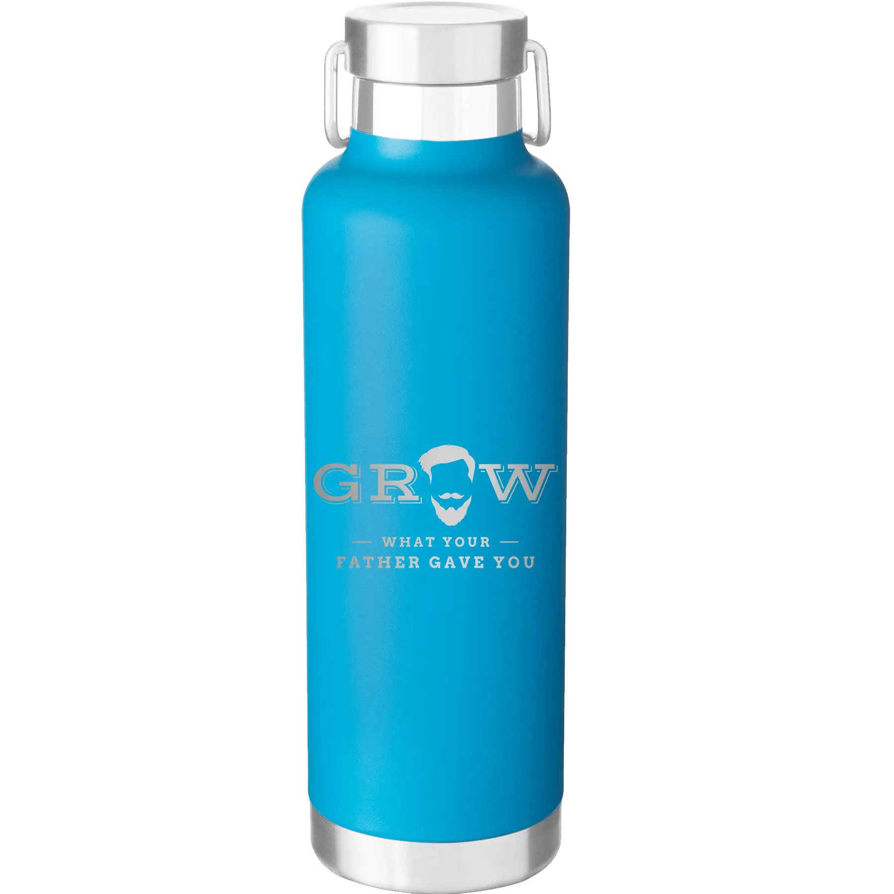 Laser etched aqua 24 oz vacuum insulated water bottle with 'Grow What Your Father Gave You' design