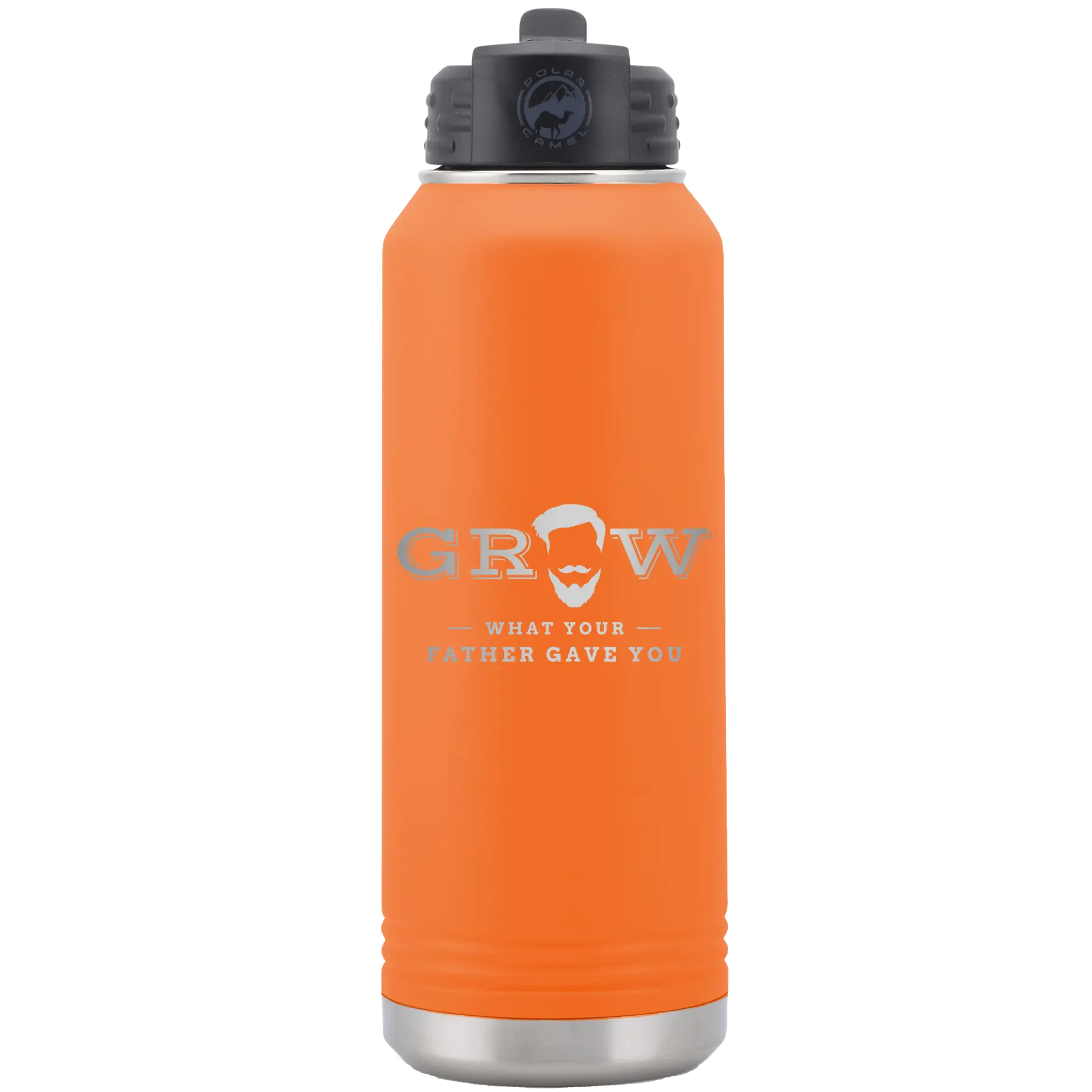 Laser etched orange 32 oz vacuum insulated water bottle with 'Grow What Your Father Gave You' design
