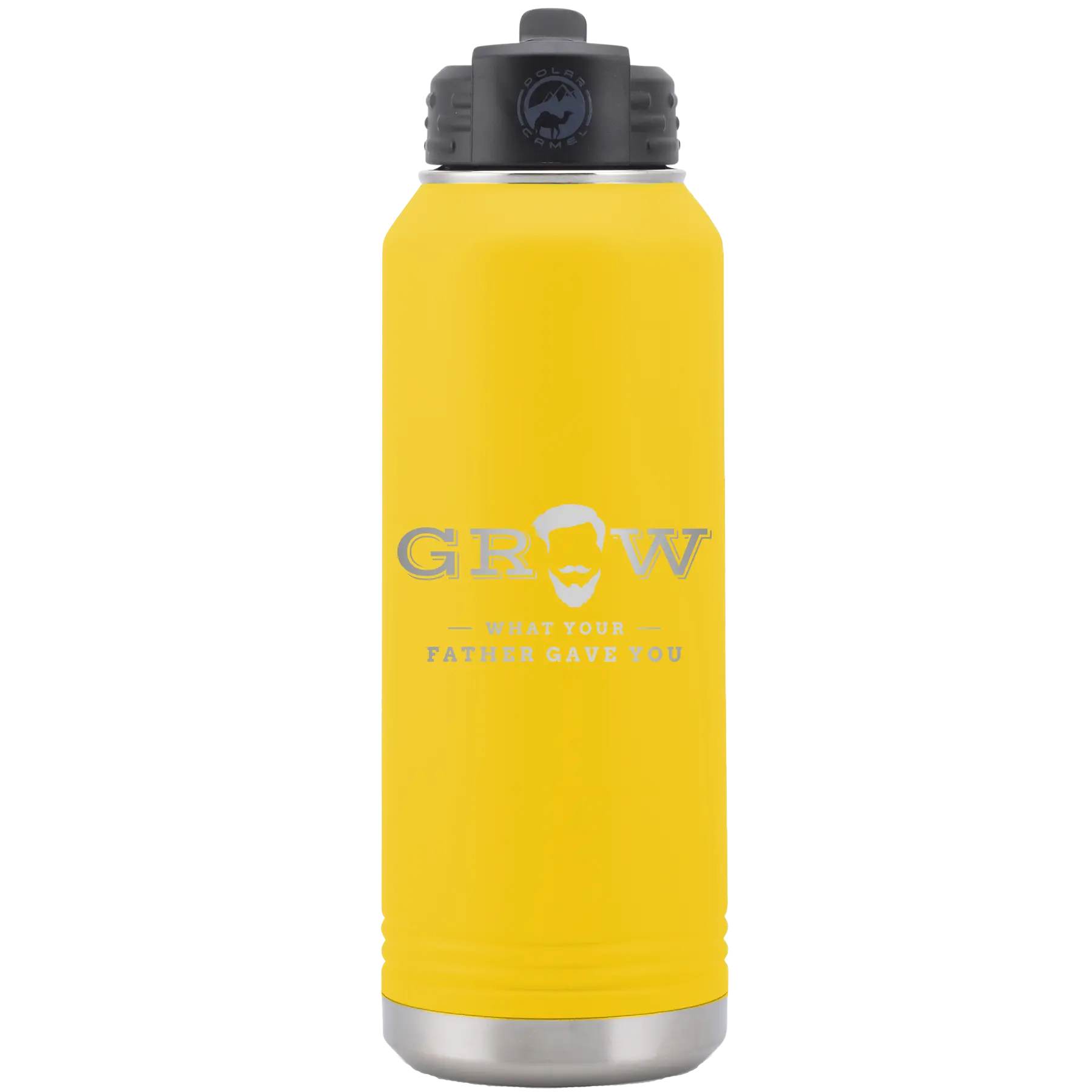 Laser etched yellow 32 oz vacuum insulated water bottle with 'Grow What Your Father Gave You' design