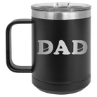 Laser etched black 15 oz vacuum insulated coffee mug with 'Hockey Dad' design