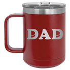 Laser etched maroon 15 oz vacuum insulated coffee mug with 'Hockey Dad' design