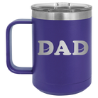 Laser etched purple 15 oz vacuum insulated coffee mug with 'Hockey Dad' design