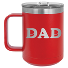 Laser etched red 15 oz vacuum insulated coffee mug with 'Hockey Dad' design