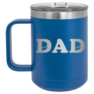 Laser etched royal blue 15 oz vacuum insulated coffee mug with 'Hockey Dad' design
