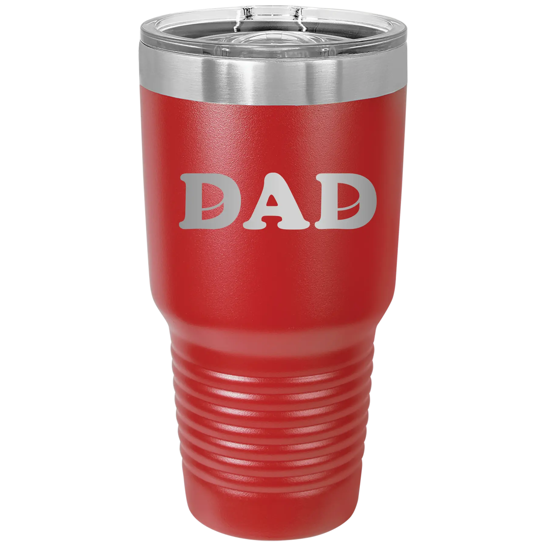 Laser etched red 30 oz vacuum insulated tumbler with 'Hockey Dad' design