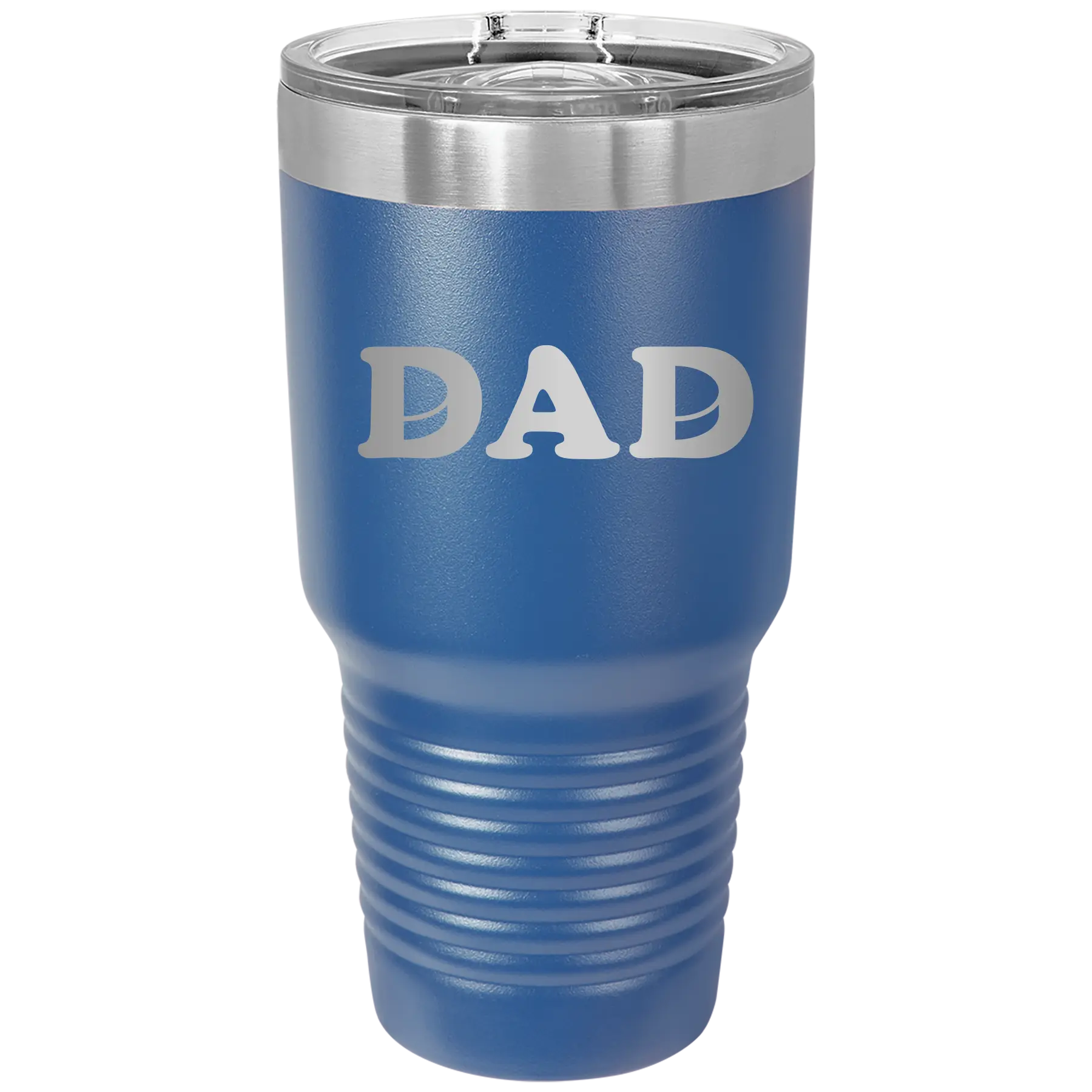 Laser etched royal blue 30 oz vacuum insulated tumbler with 'Hockey Dad' design