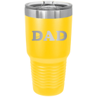 Laser etched yellow 30 oz vacuum insulated tumbler with 'Hockey Dad' design