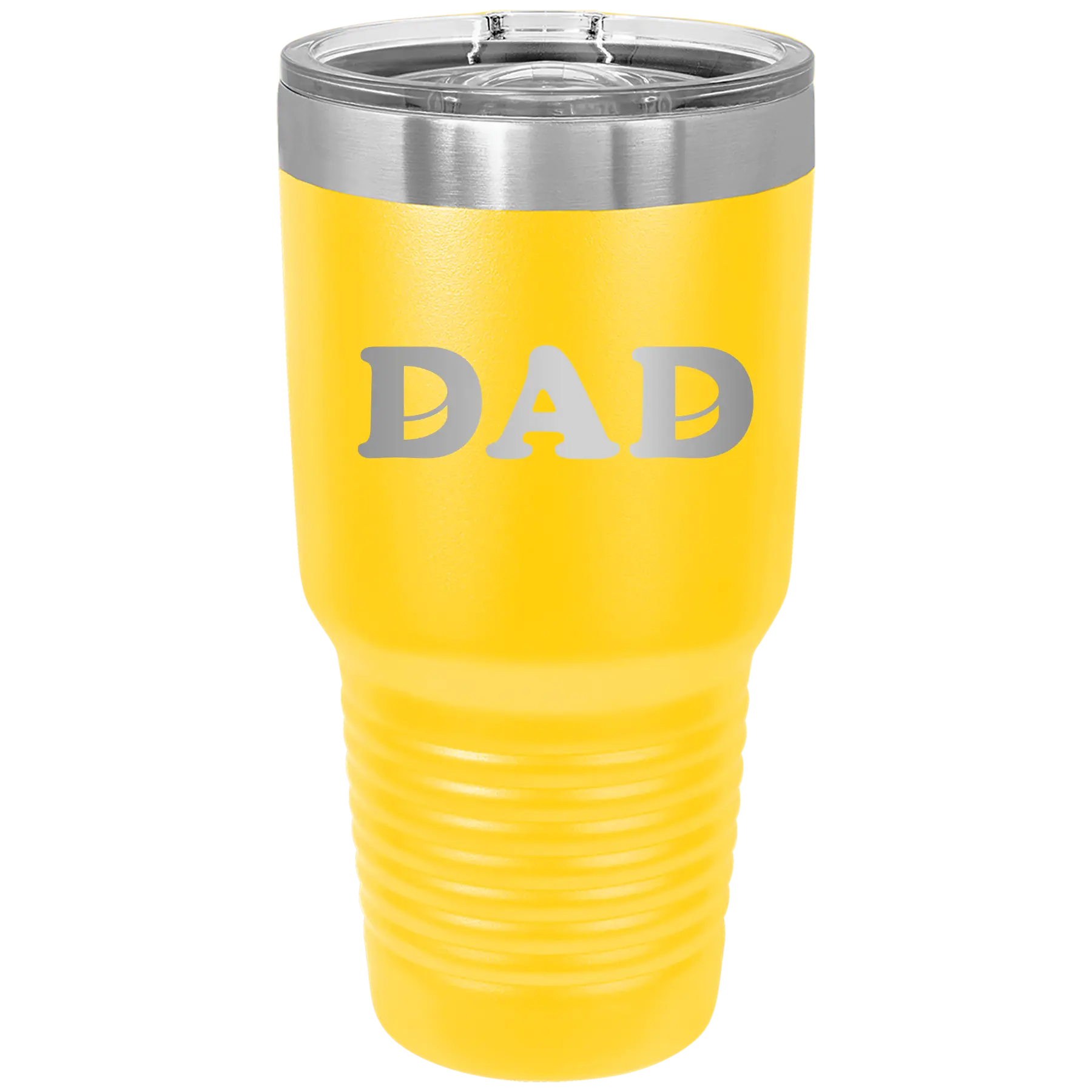 Laser etched yellow 30 oz vacuum insulated tumbler with 'Hockey Dad' design