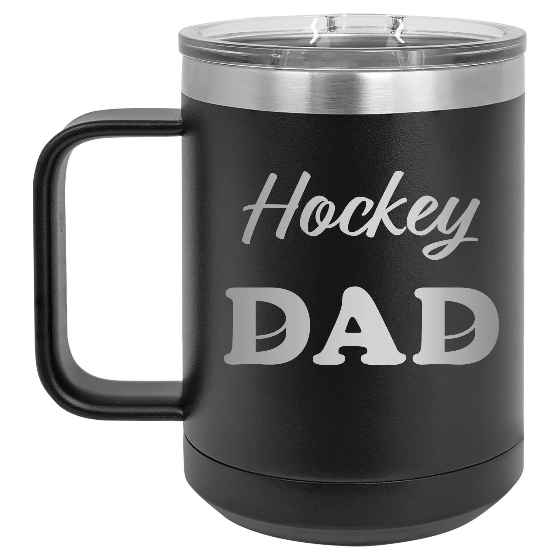 Laser etched black 15 oz vacuum insulated coffee mug with 'Hockey Dad2' design