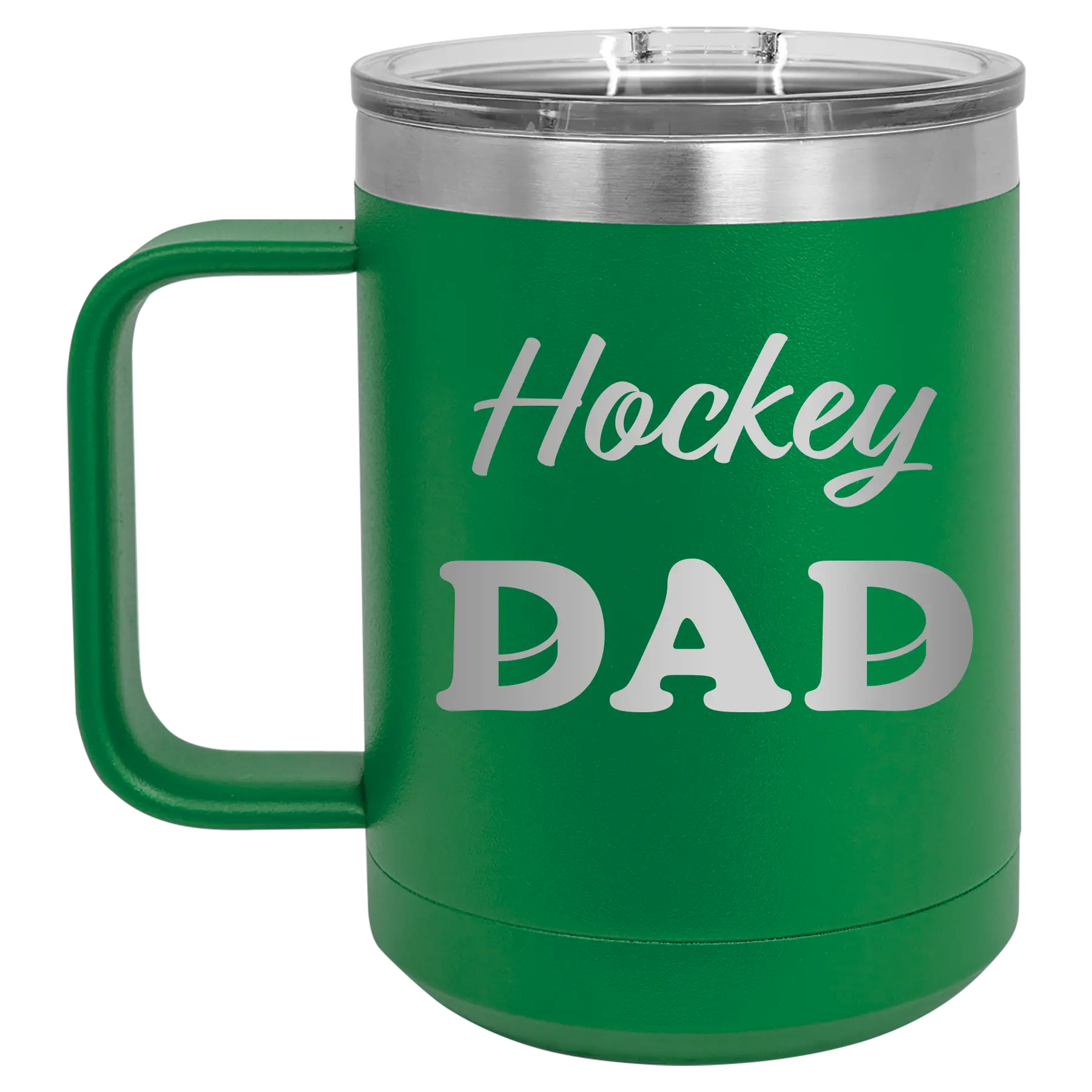 Laser etched green 15 oz vacuum insulated coffee mug with 'Hockey Dad2' design