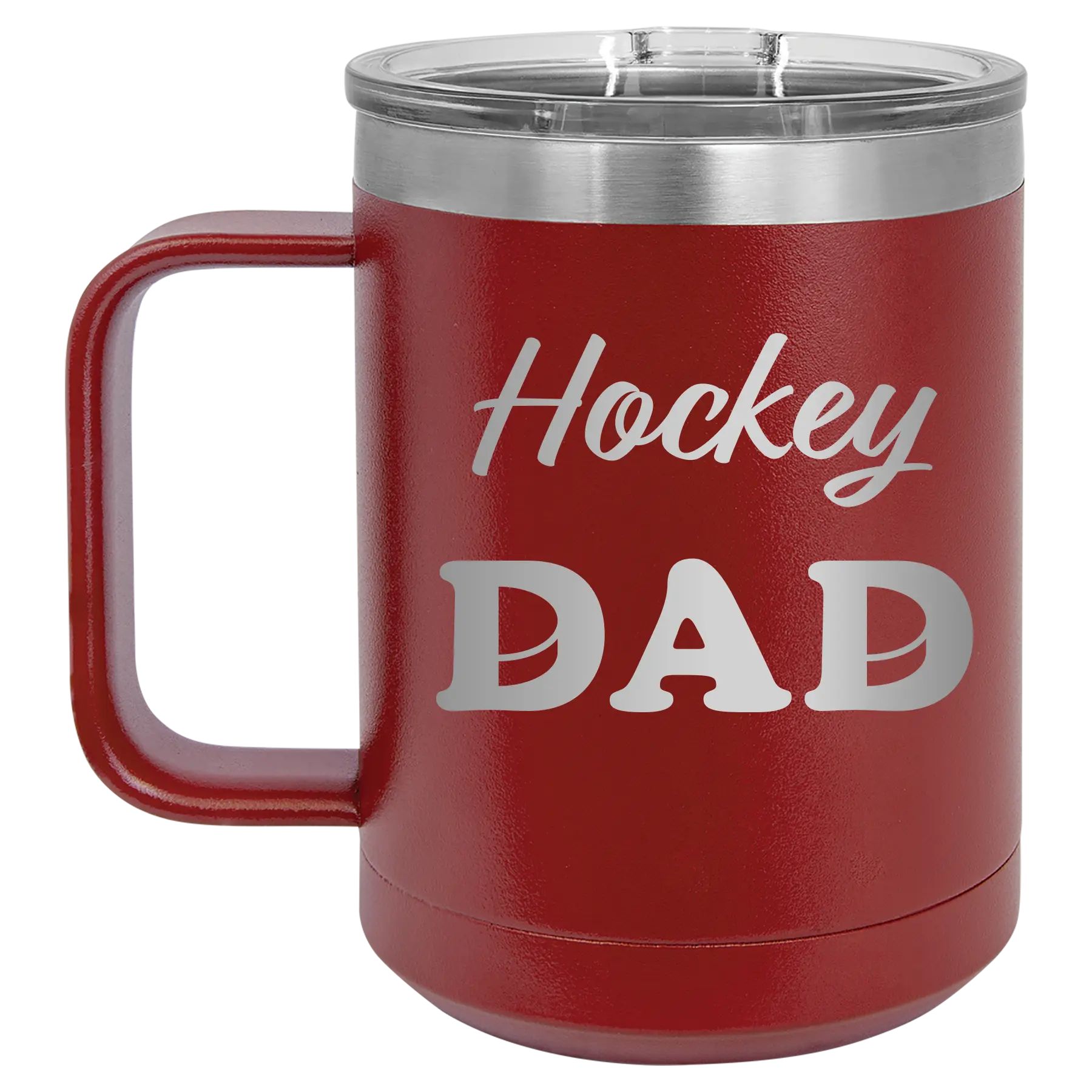 Laser etched maroon 15 oz vacuum insulated coffee mug with 'Hockey Dad2' design