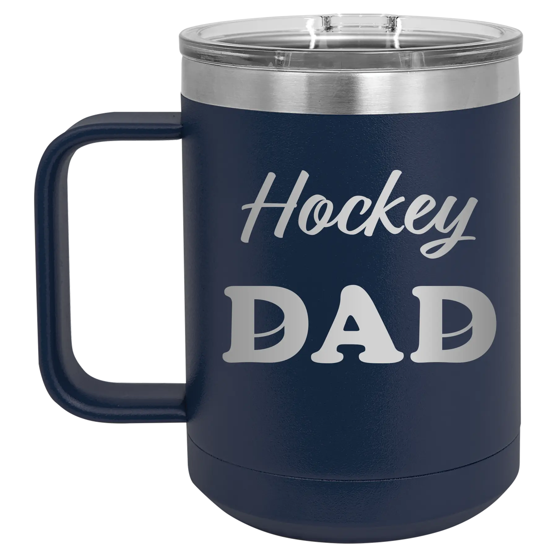 Laser etched navy 15 oz vacuum insulated coffee mug with 'Hockey Dad2' design