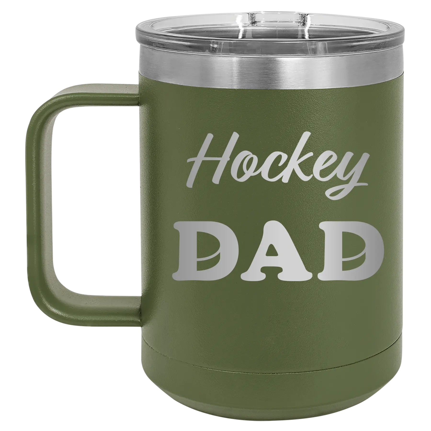 Laser etched olive green 15 oz vacuum insulated coffee mug with 'Hockey Dad2' design