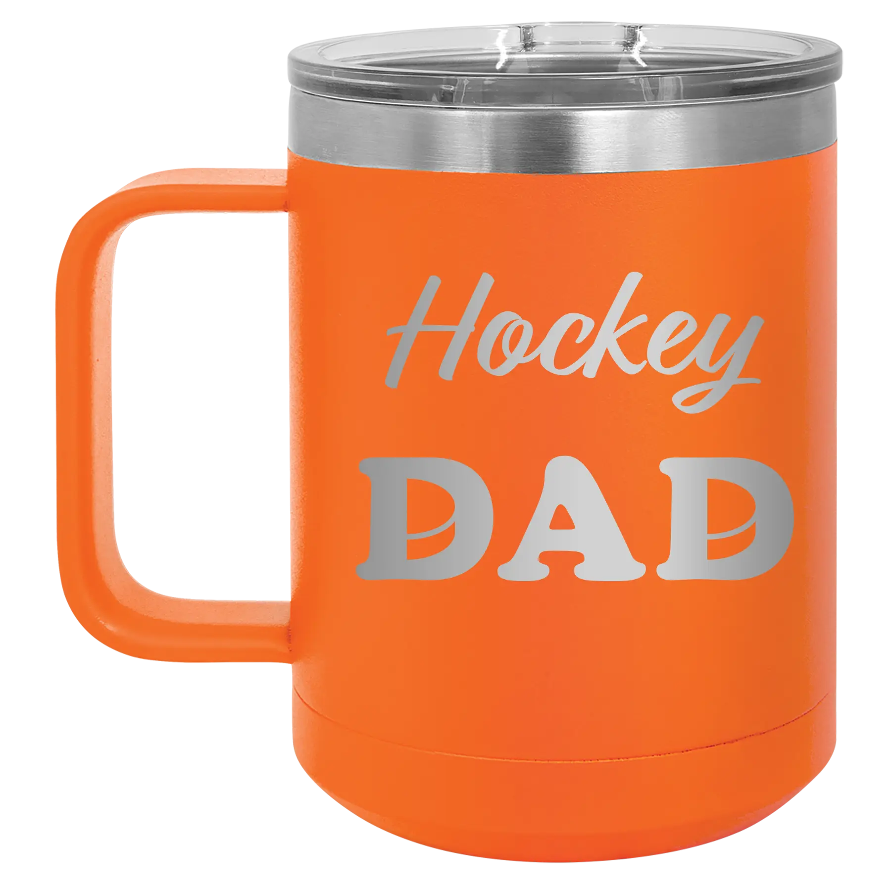 Laser etched orange 15 oz vacuum insulated coffee mug with 'Hockey Dad2' design