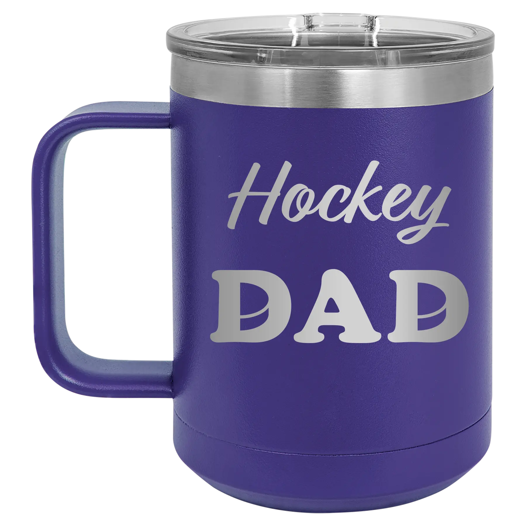 Laser etched purple 15 oz vacuum insulated coffee mug with 'Hockey Dad2' design