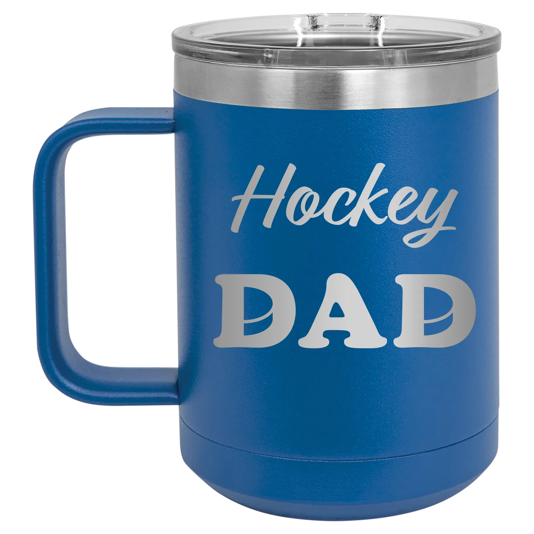 Laser etched royal blue 15 oz vacuum insulated coffee mug with 'Hockey Dad2' design