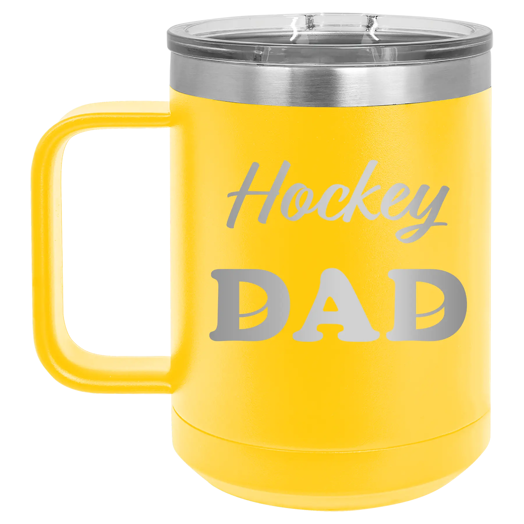 Laser etched yellow 15 oz vacuum insulated coffee mug with 'Hockey Dad2' design